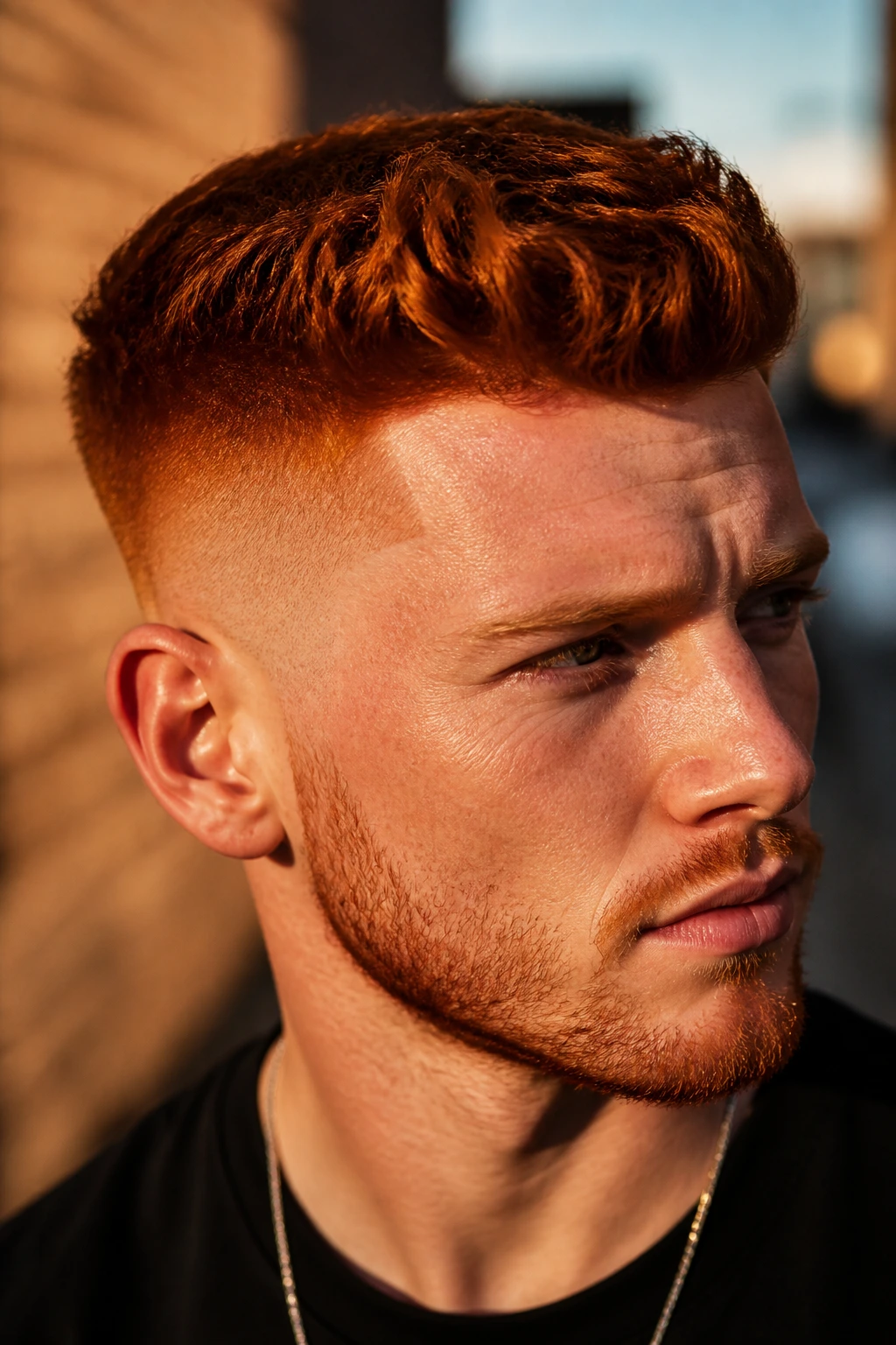 Close-up of a man with copper-red hair on a street at golden hour.