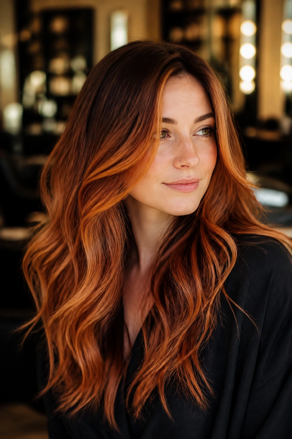 Portrait of long layered red hair with copper balayage and darker roots