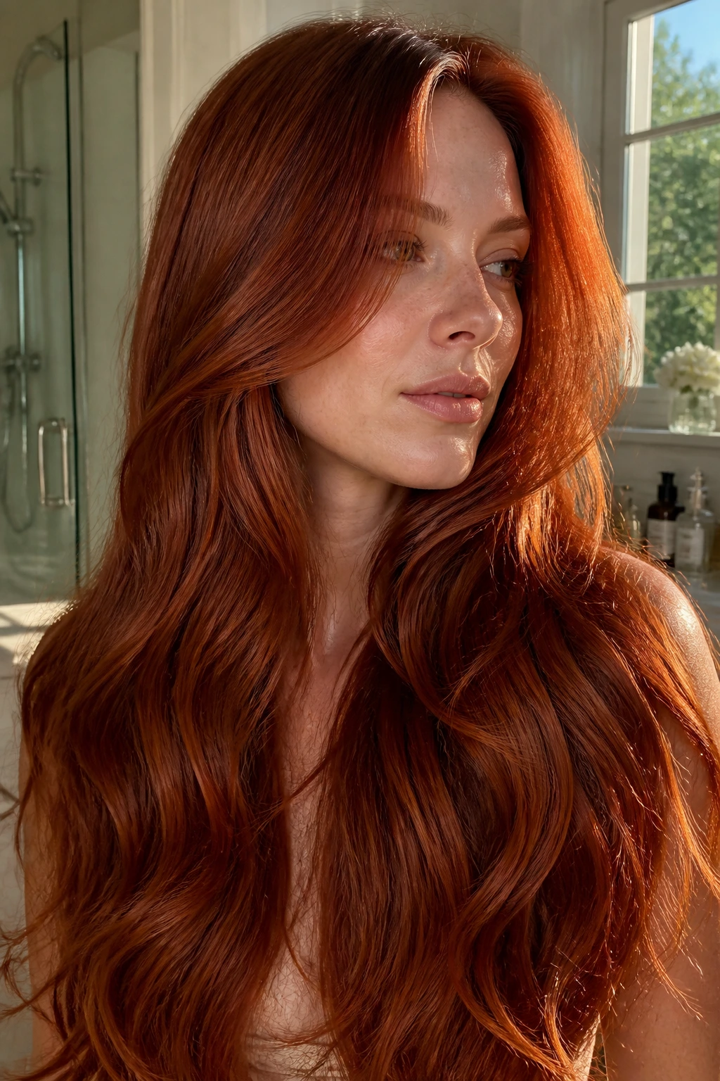 Close-up of a real person with long red hair in soft daylight