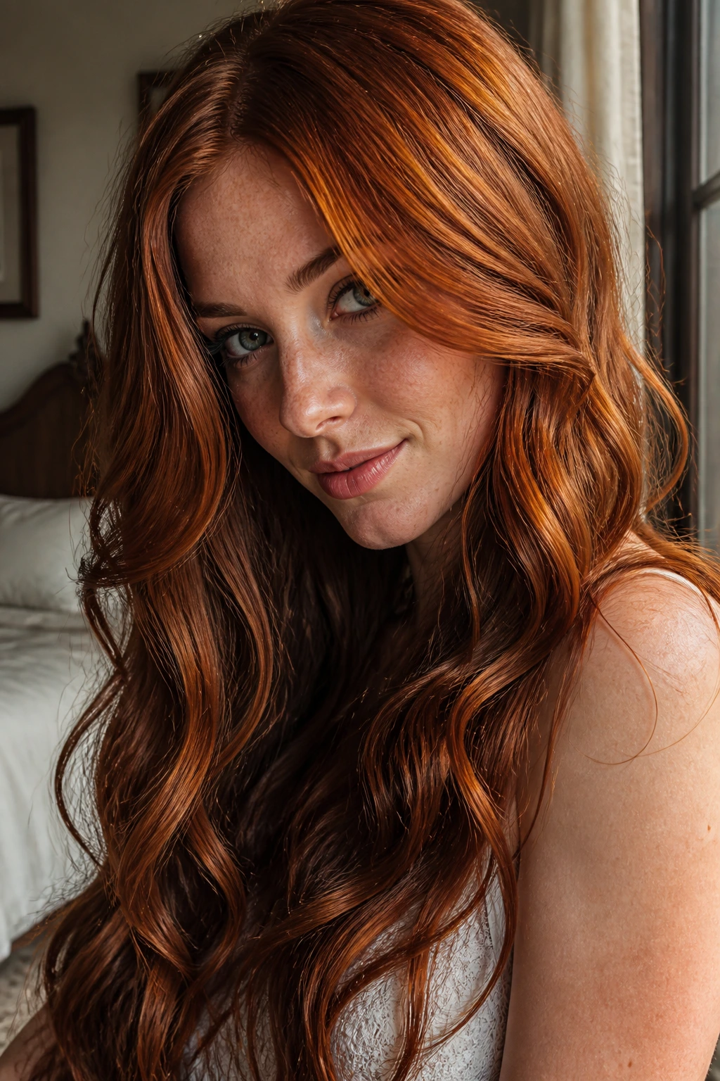 Close-up of a real woman with long red waves and dimensional light