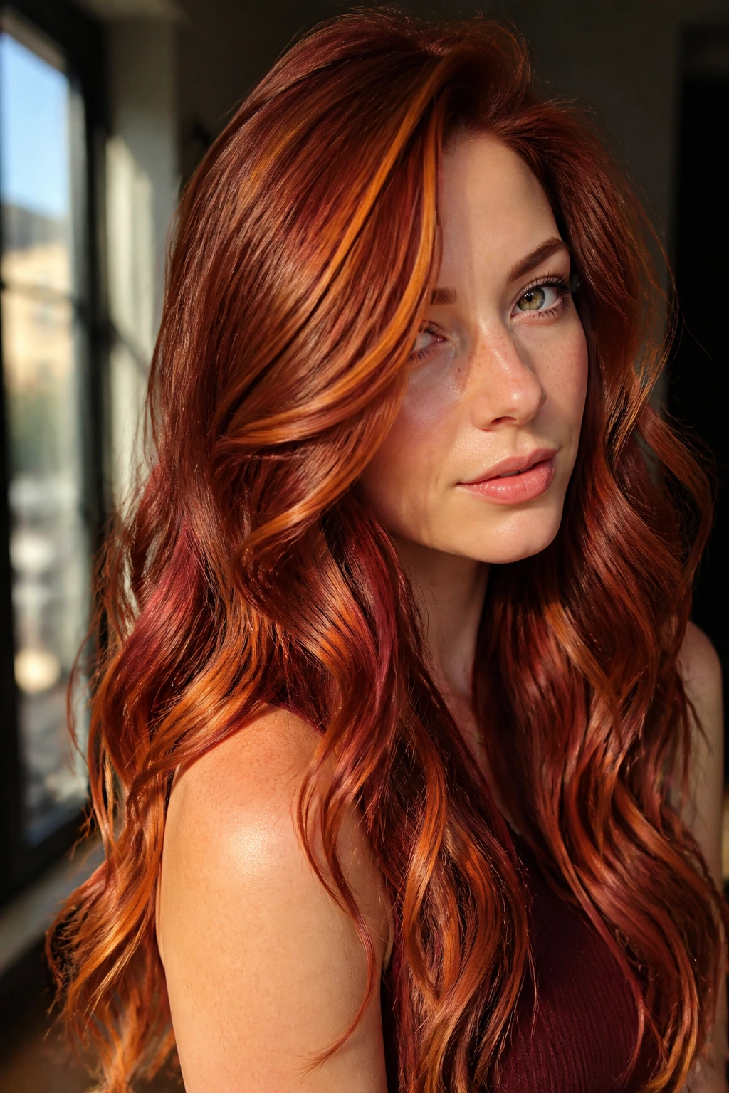 Close-up portrait of a real woman with long wavy red hair in copper, merlot, and scarlet tones.