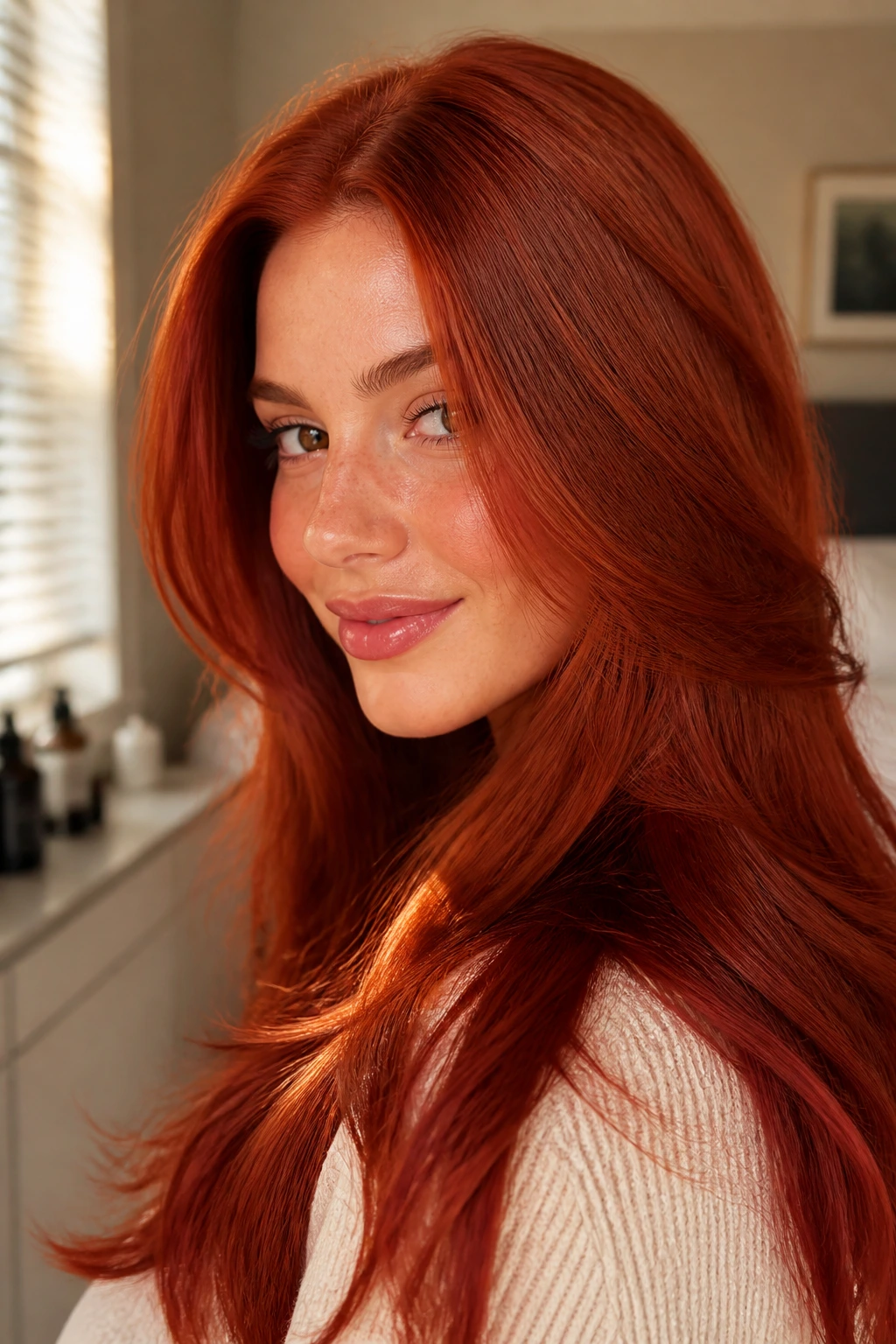 Portrait of a woman with glossy red hair showing healthy maintenance and shine