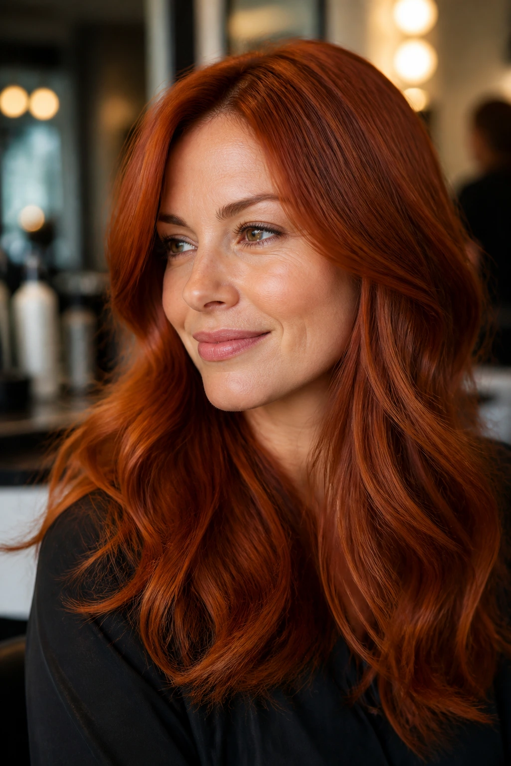 Close-up of vivid red hair on a real person with high gloss
