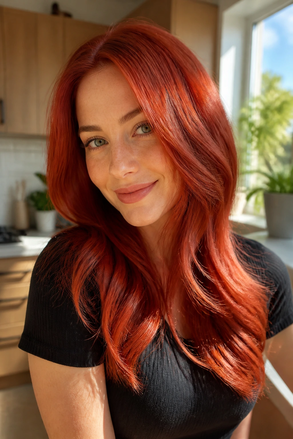 Portrait of a woman with bright red hair under natural window light
