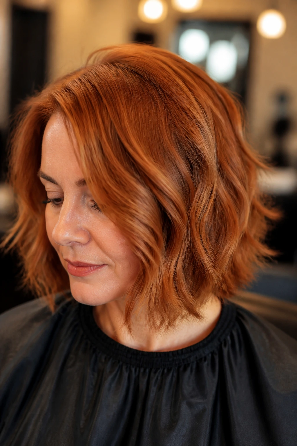 Close-up portrait of a woman with copper red hair in a salon setting.