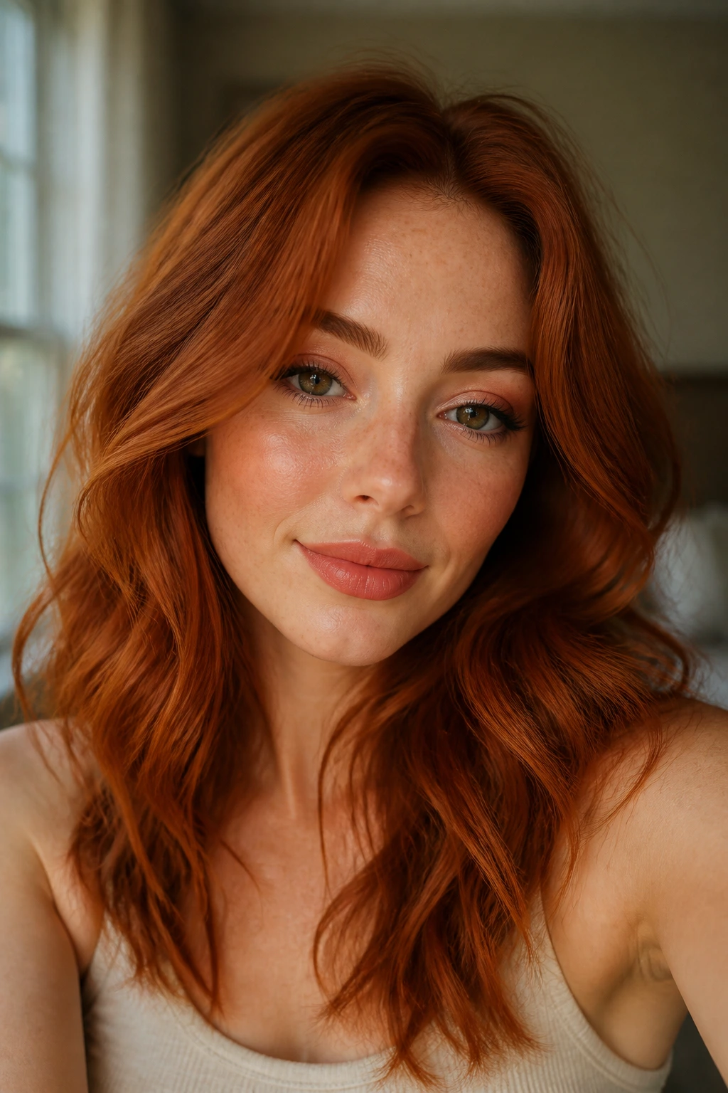 Portrait of a woman with red hair and peach makeup