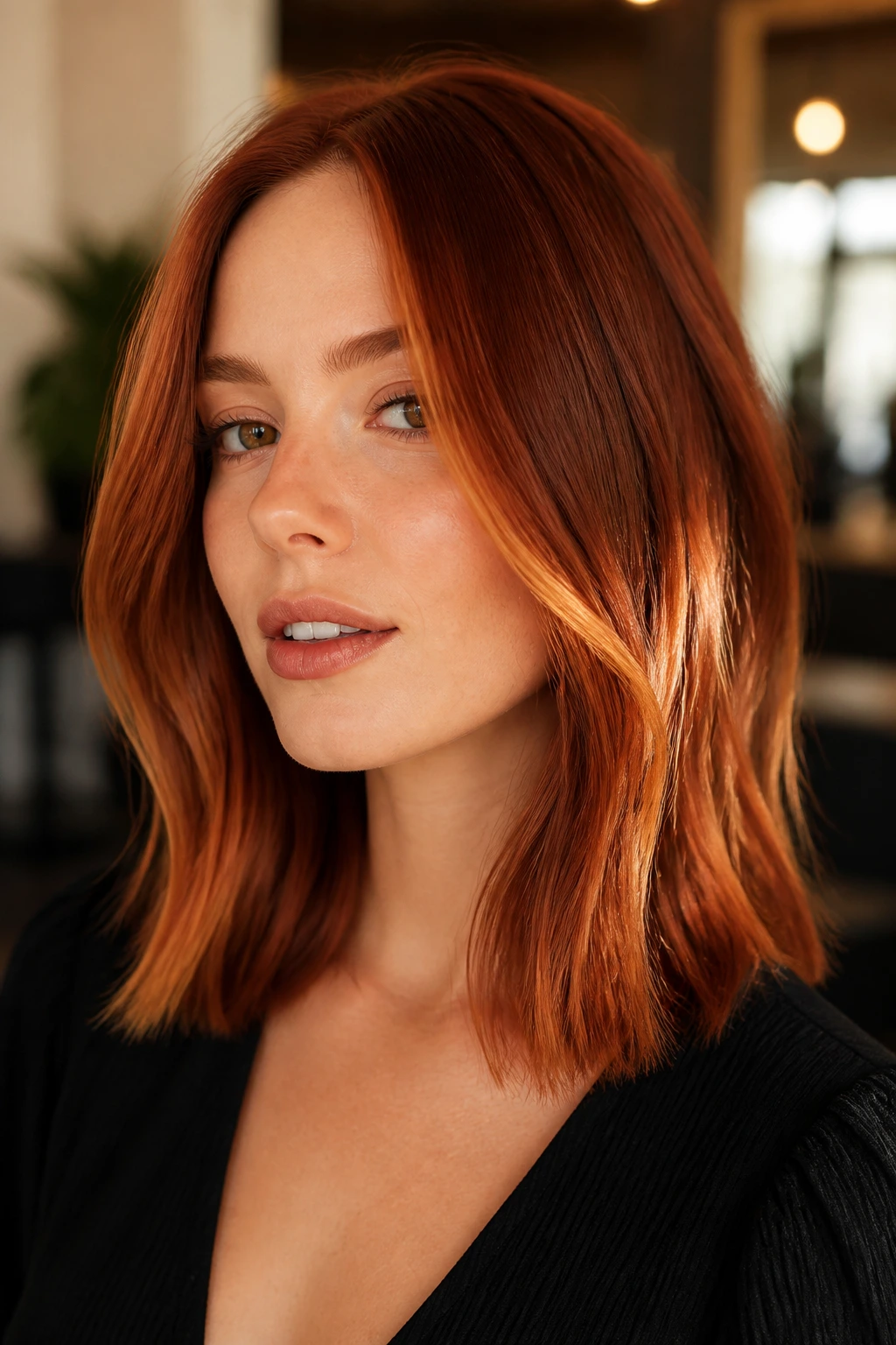 Close-up of a real person with shoulder-length red hair in a blunt lob, showing dimensional color catching light.