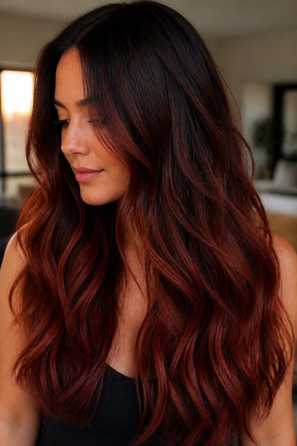 Close-up of a real woman with long brunette hair showing a toned-down red melt in warm light