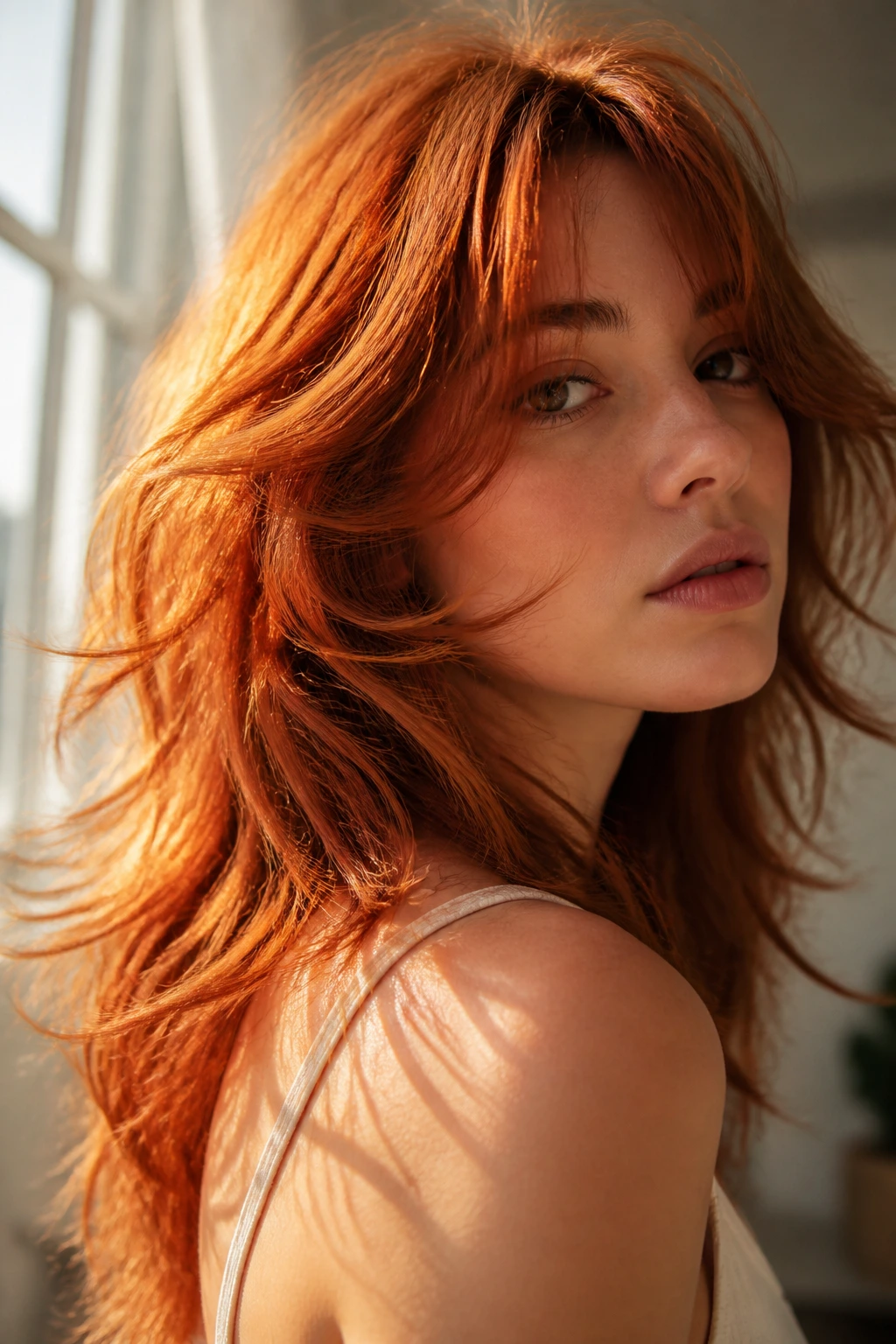 Portrait of a real person with dynamic red hair due to layered cut in natural light