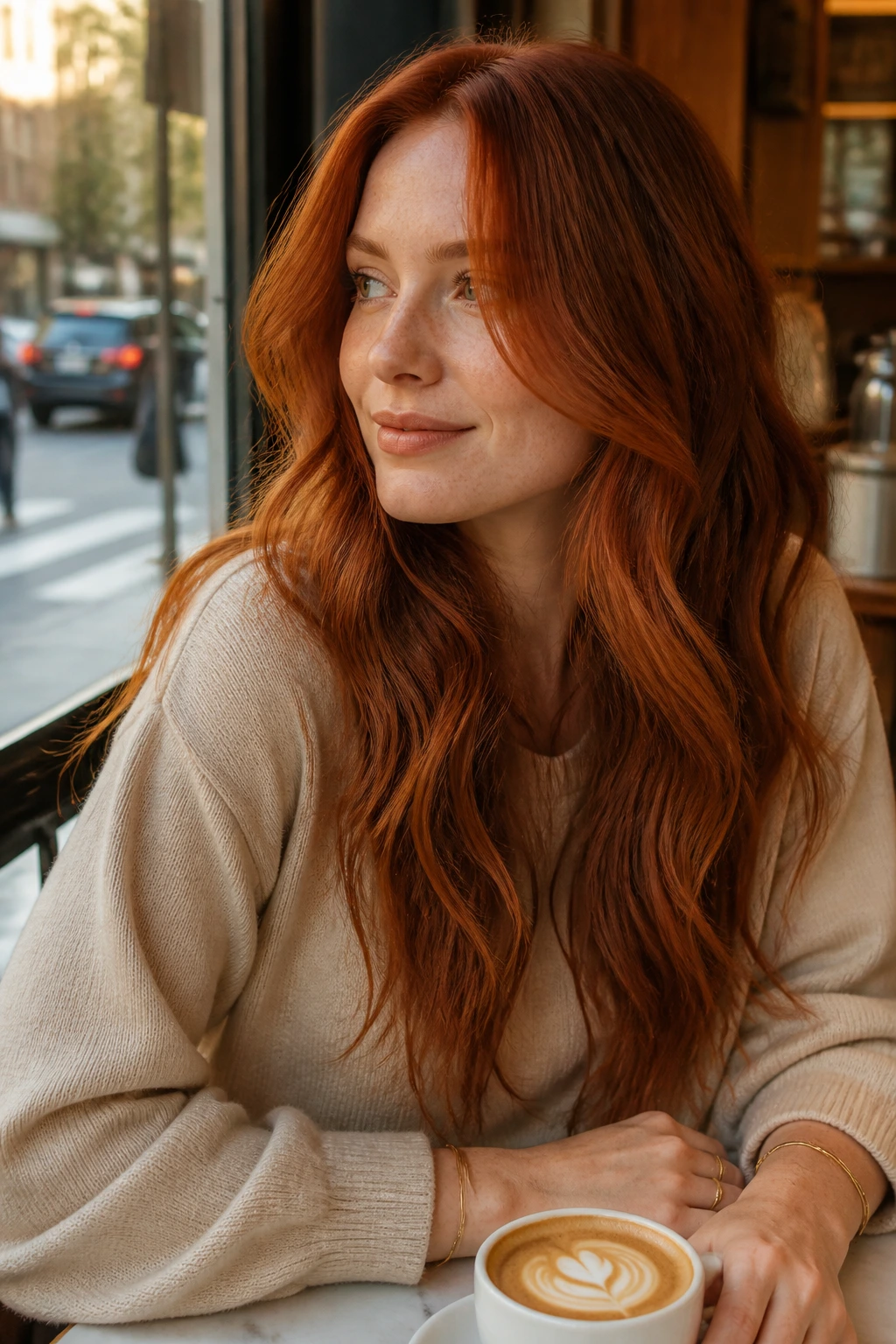 Real-life red hair wearing copper-red shades in soft waves