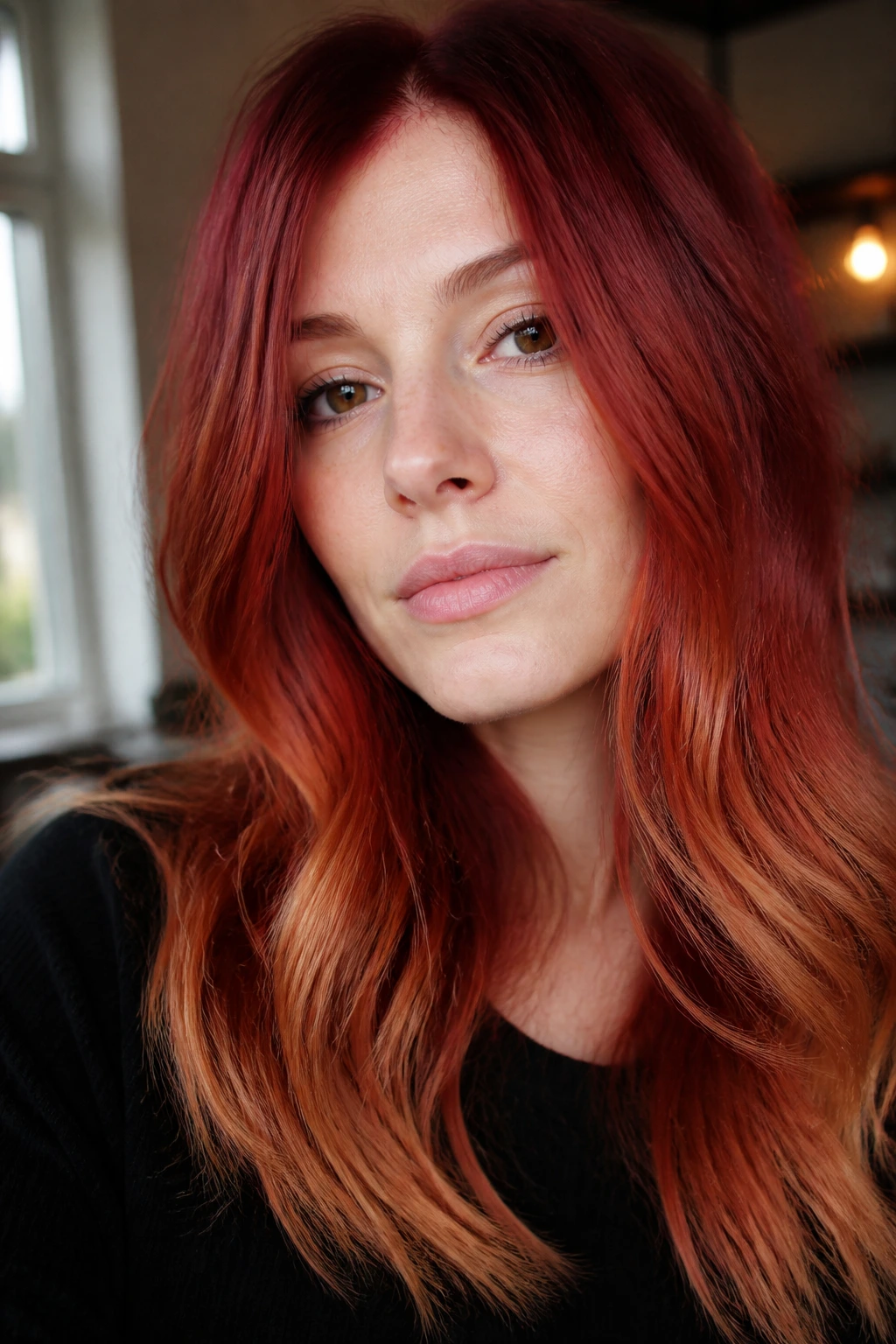 Close-up of red hair showing root-to-end gradient under different lighting