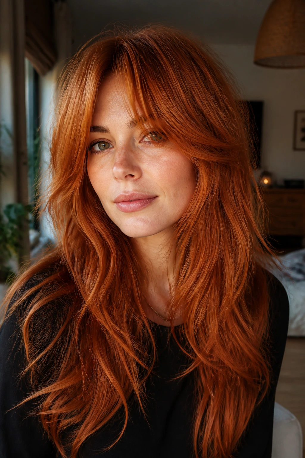 Close-up of a real woman with long red shag featuring face-framing layers