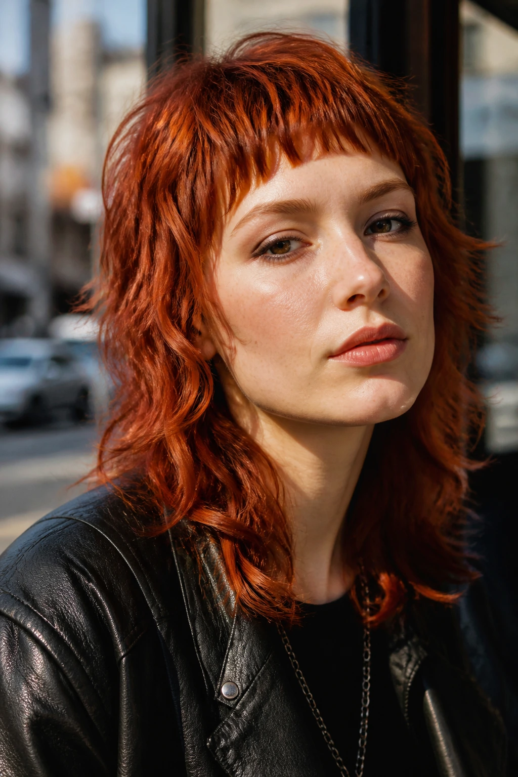 Close-up of a real woman with choppy shag and micro bangs
