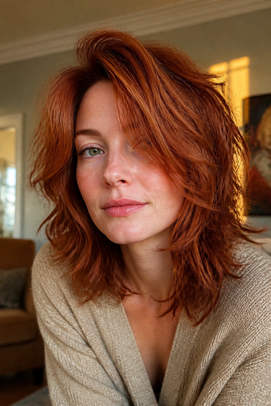 Close-up portrait of a real person with tousled red mid-length hair and side part