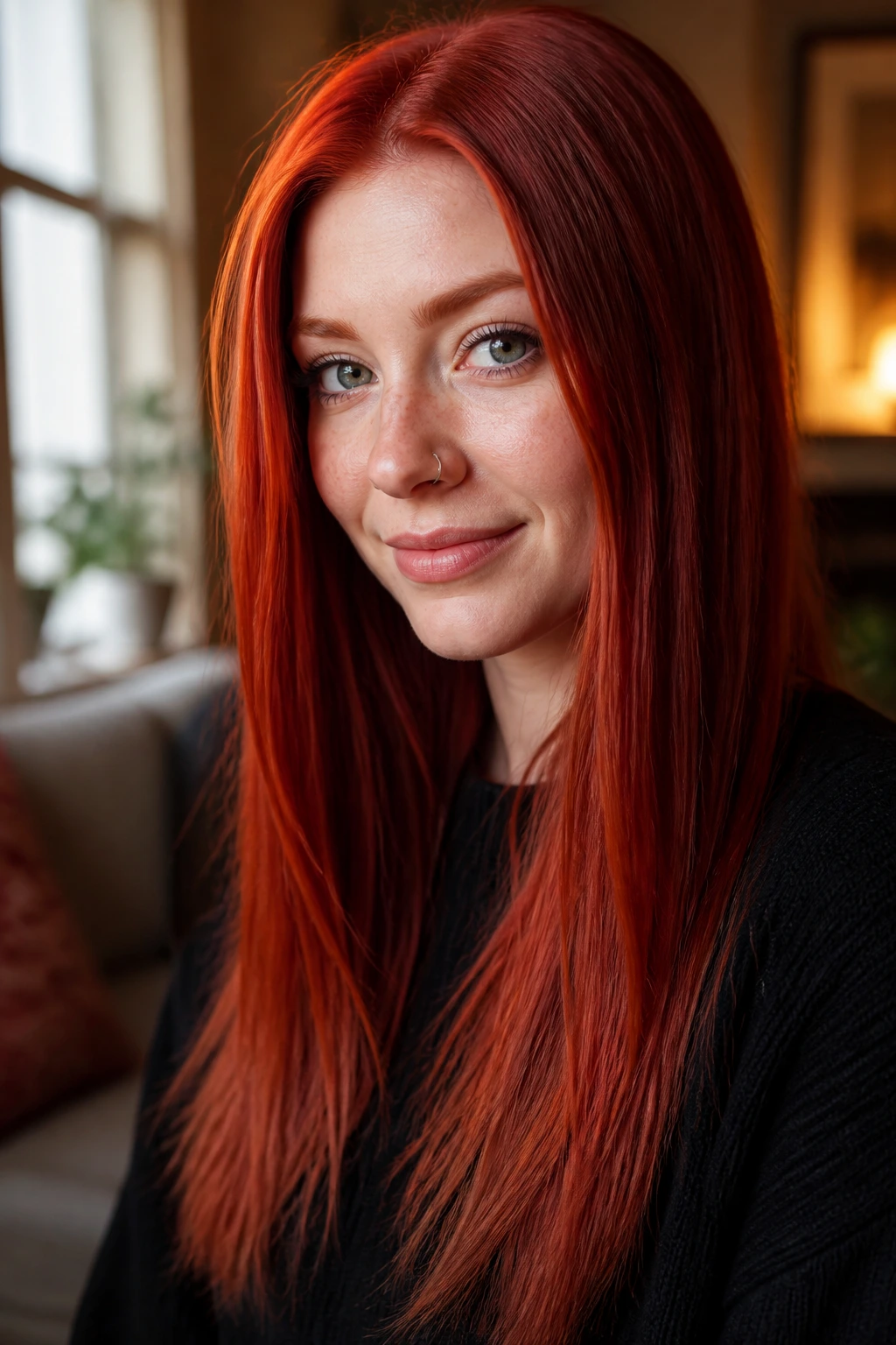 Portrait of a real woman with straight red hair in warm indoor light