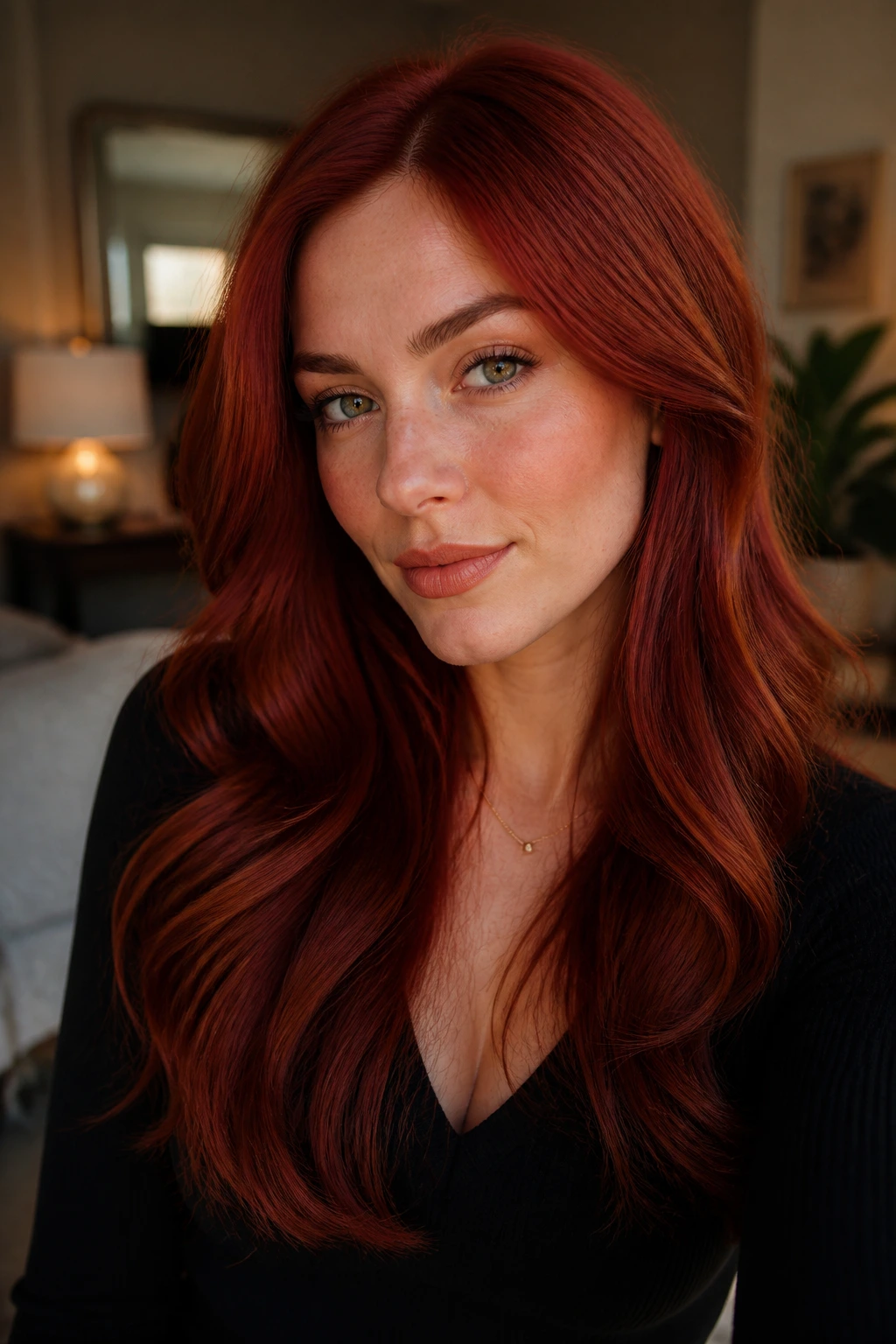 Real woman with sleek red hair styled intentionally in waves