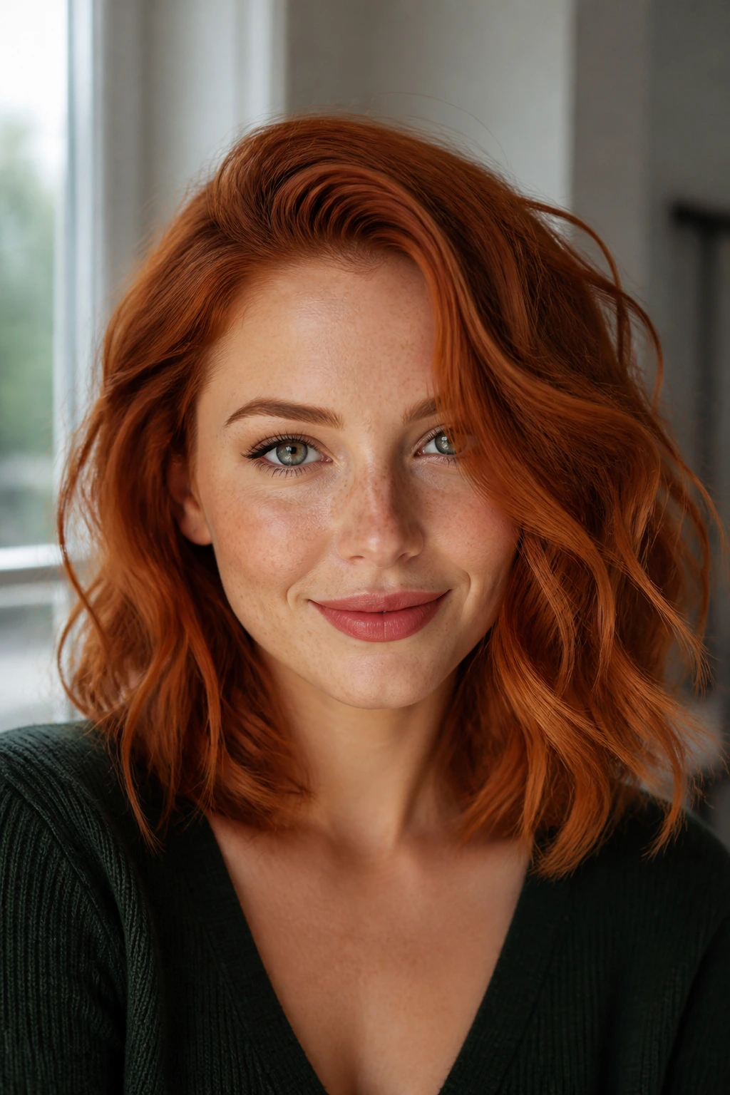 Portrait of a woman with side-parted copper-red waves showing color depth