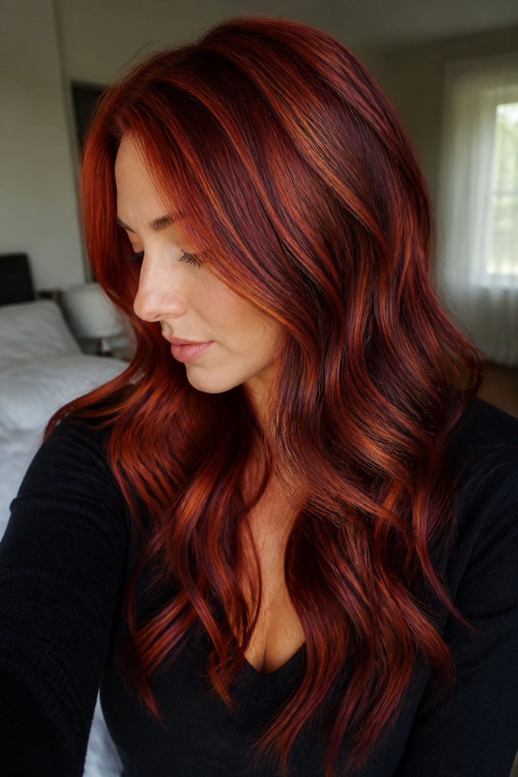 Close-up of a real woman with multi-tonal red hair featuring copper, brunette cherry, and auburn highlights in natural light