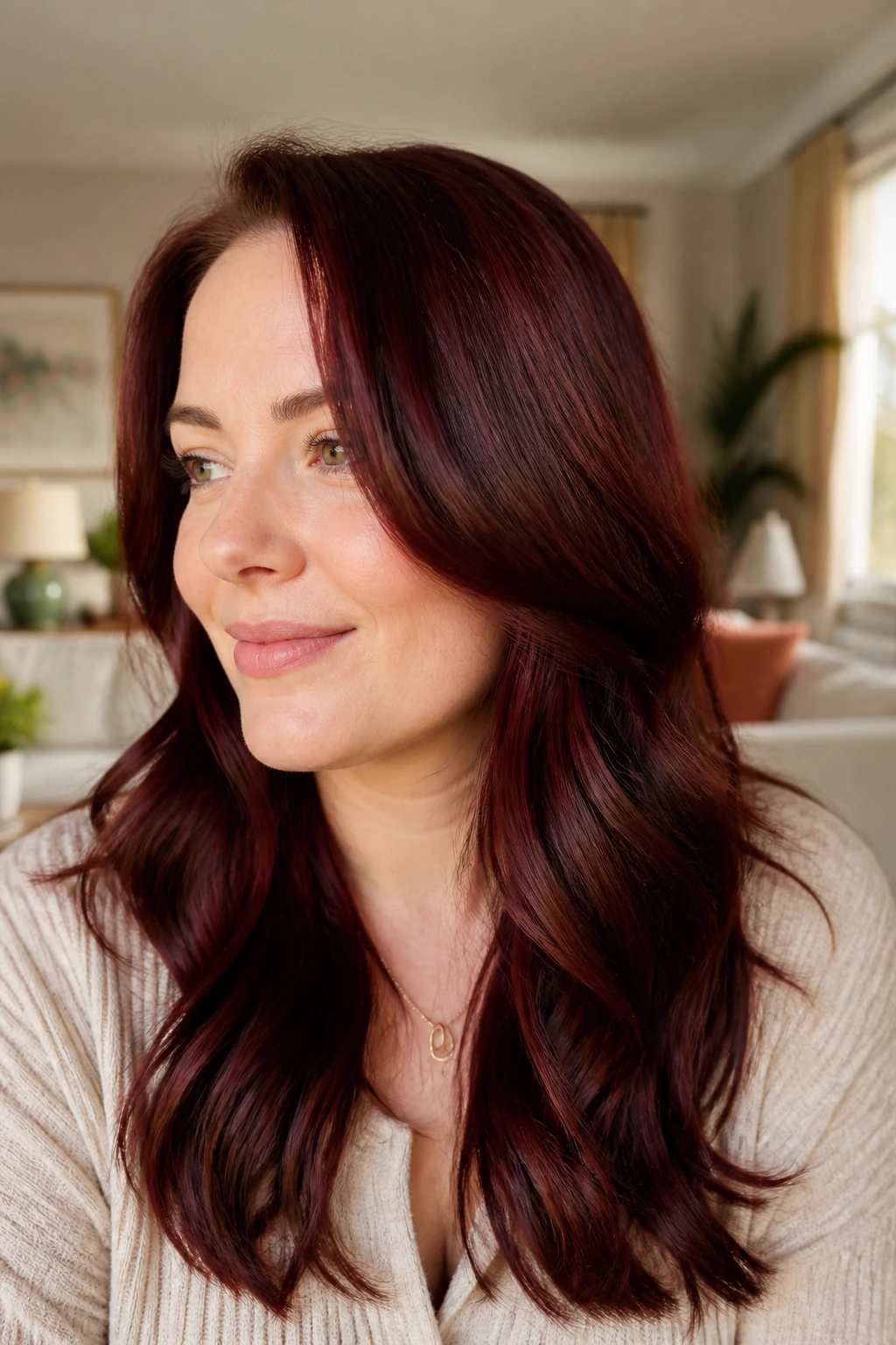 Portrait of a person with mahogany red hair in a warm room