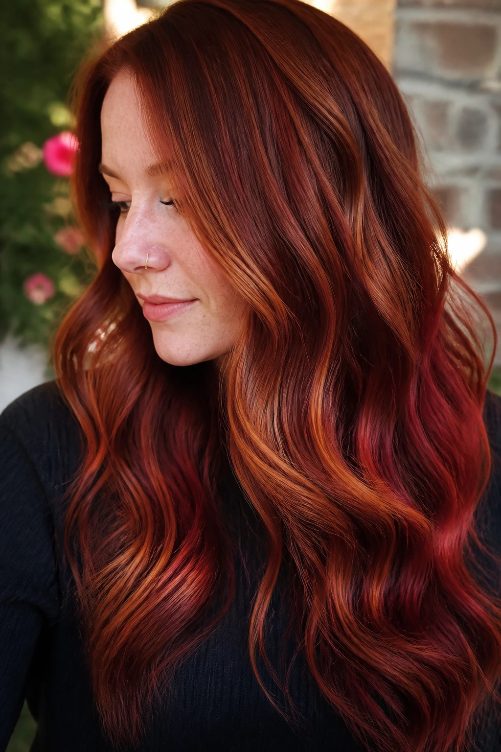 Real person with multitone red hair showing variations along the length in natural light