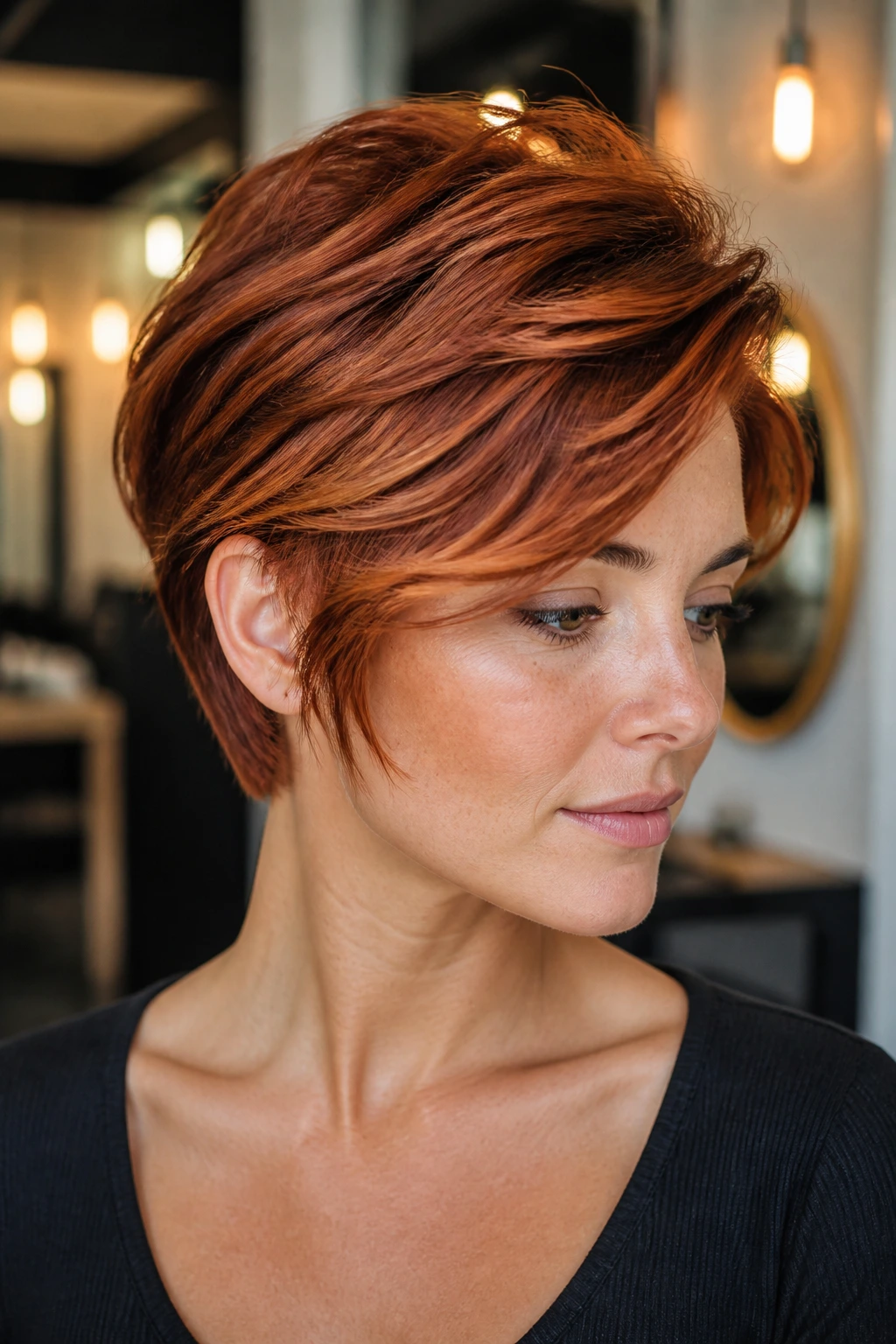 Close-up of a real woman with short red hair displaying color variation from roots to ends in a salon.