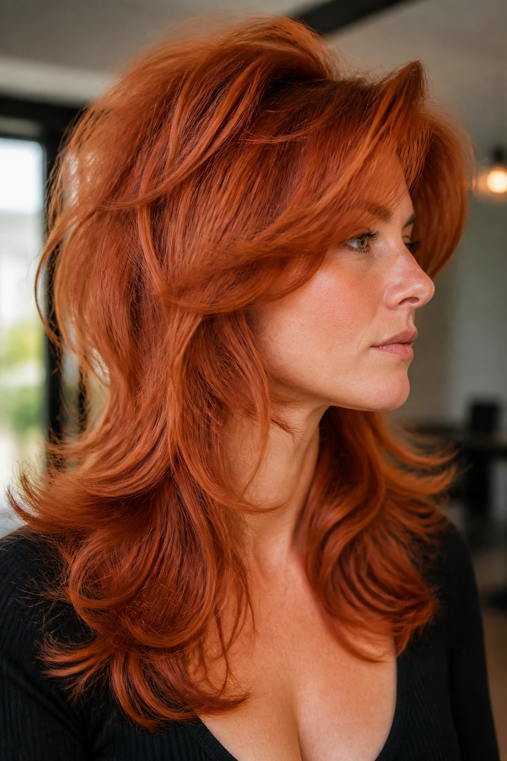 Portrait of a person with high-volume glam red shag in a neutral setting