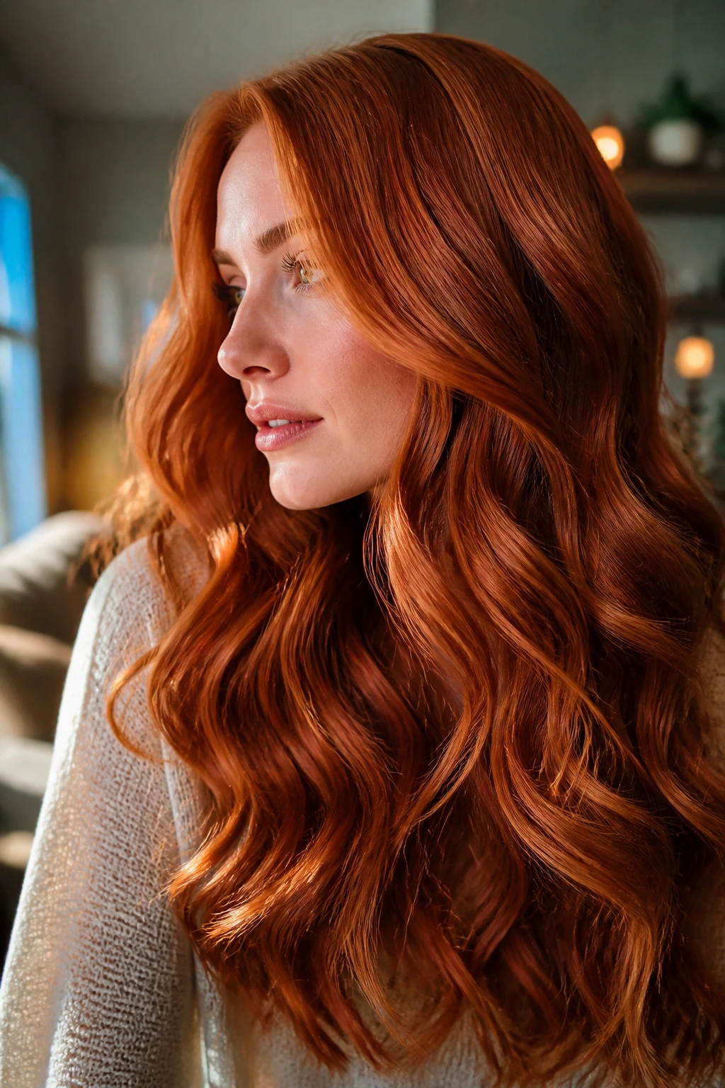 Close-up of long wavy red hair on a real person under warm window light