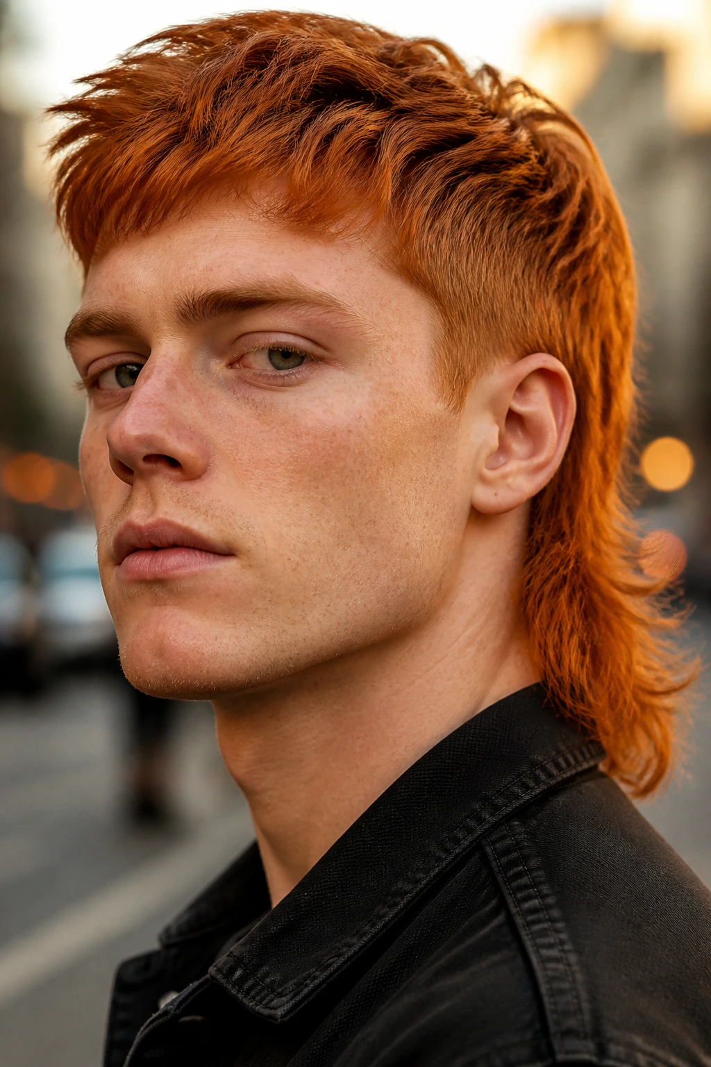 Man with a red mullet hairstyle on a city street at golden hour