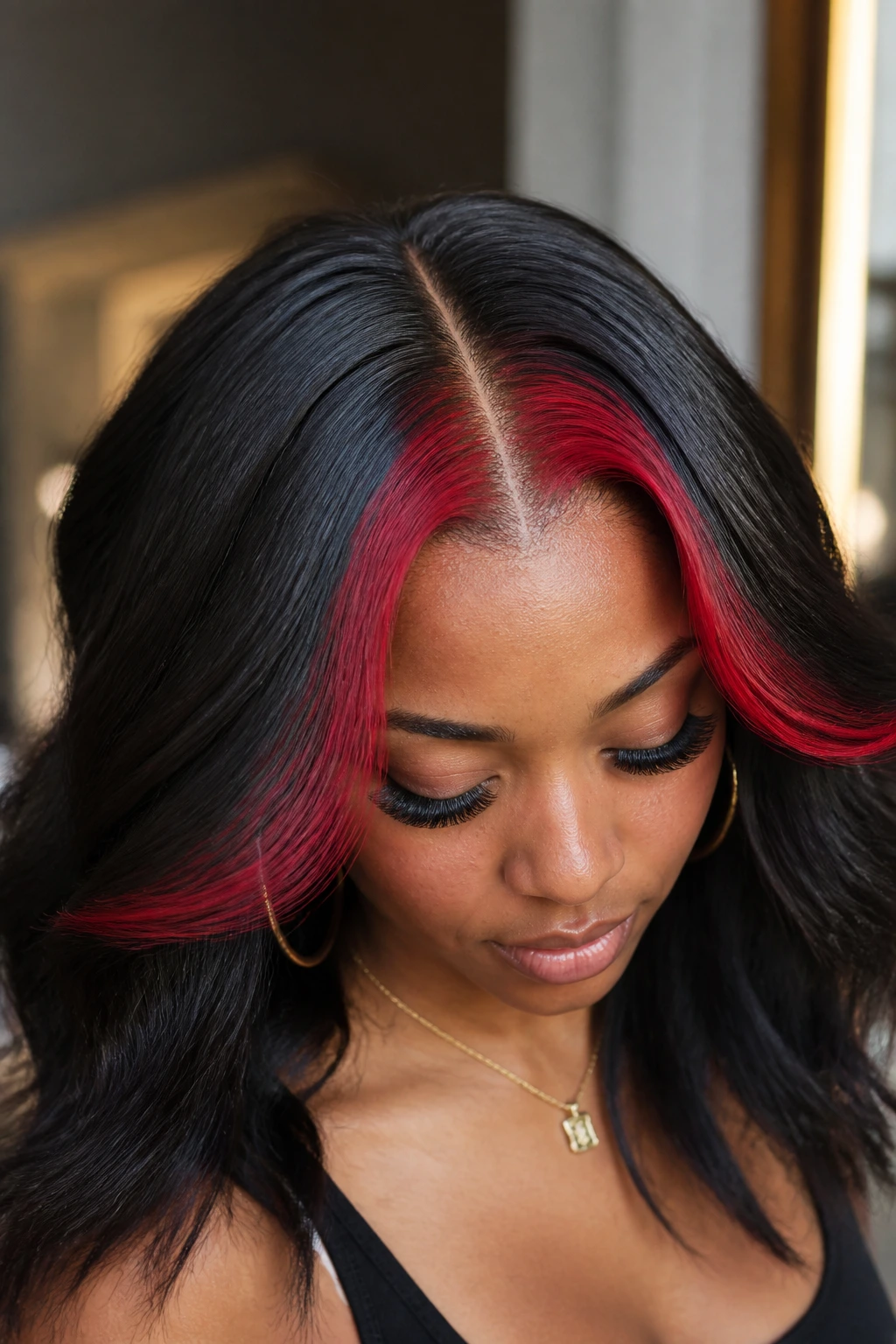 Close-up of a Black woman with middle-part showing hidden red panels