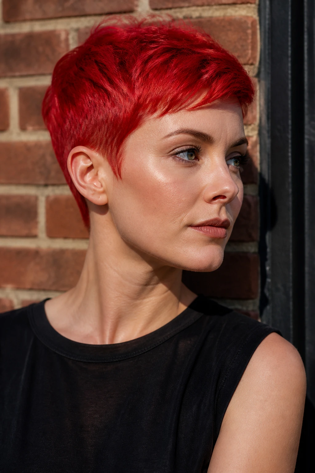 Portrait of a real woman with a bold fire-engine red pixie cut.