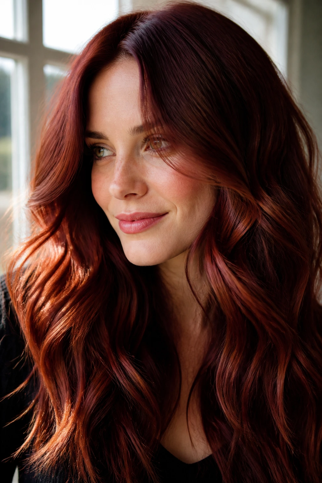 Close-up portrait of a real woman with long wavy red hair showing wine and copper shades in soft daylight