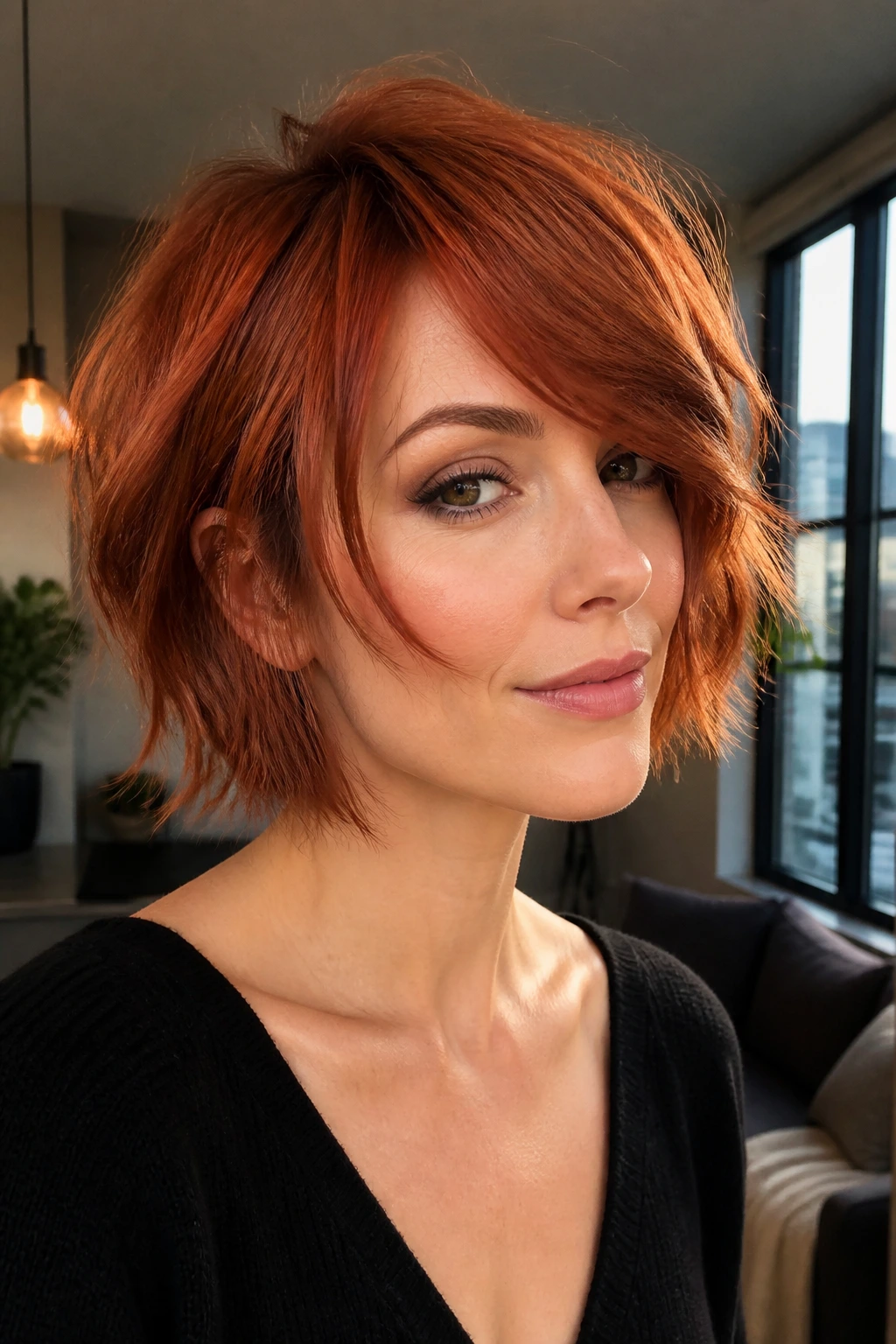 Close-up portrait of a woman with side-swept red shag bob in window light