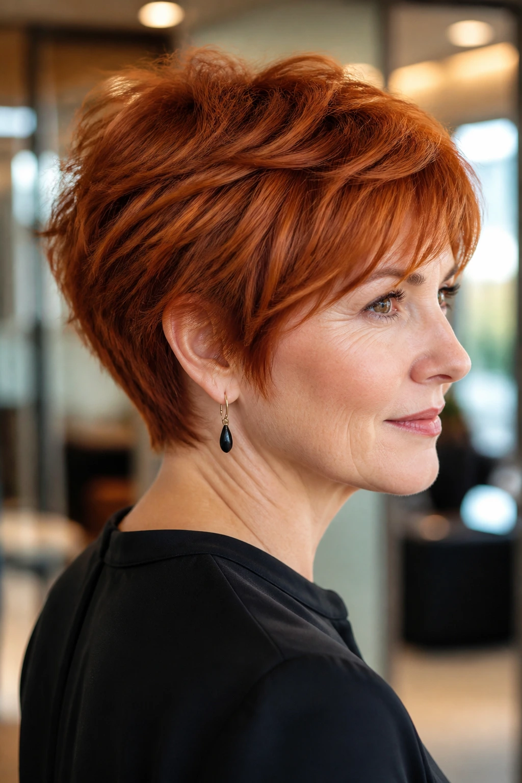 Three-quarter profile of a real woman with clean-nape red shag and soft crown