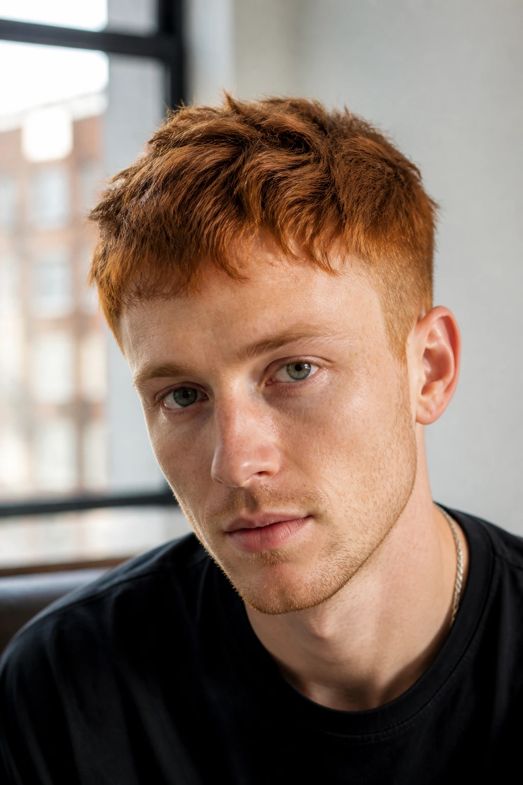 Man with red textured crop in daylight indoors