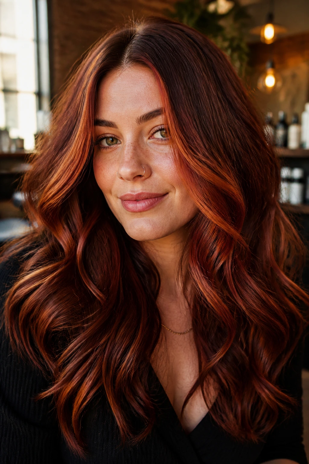 Portrait of a woman with thick red hair showing copper ribbons framing the face
