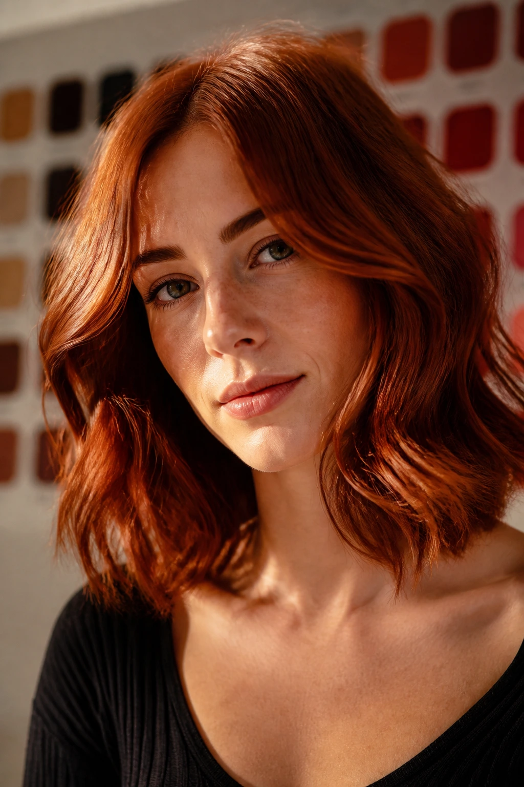 Close-up of a real person with base and undertone red hair with blurred color swatches behind