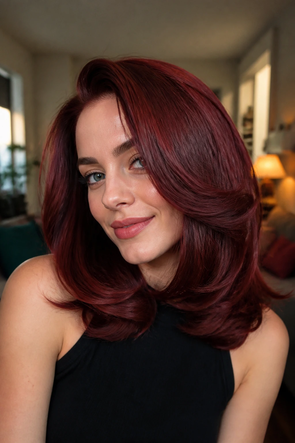 Portrait of a real woman with a plush red velvet blowout and voluminous ends.
