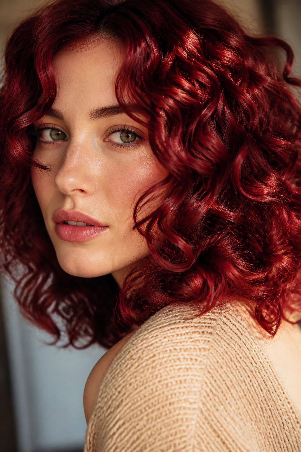 Close-up of a real woman with red velvet curls and defined moisturized curls
