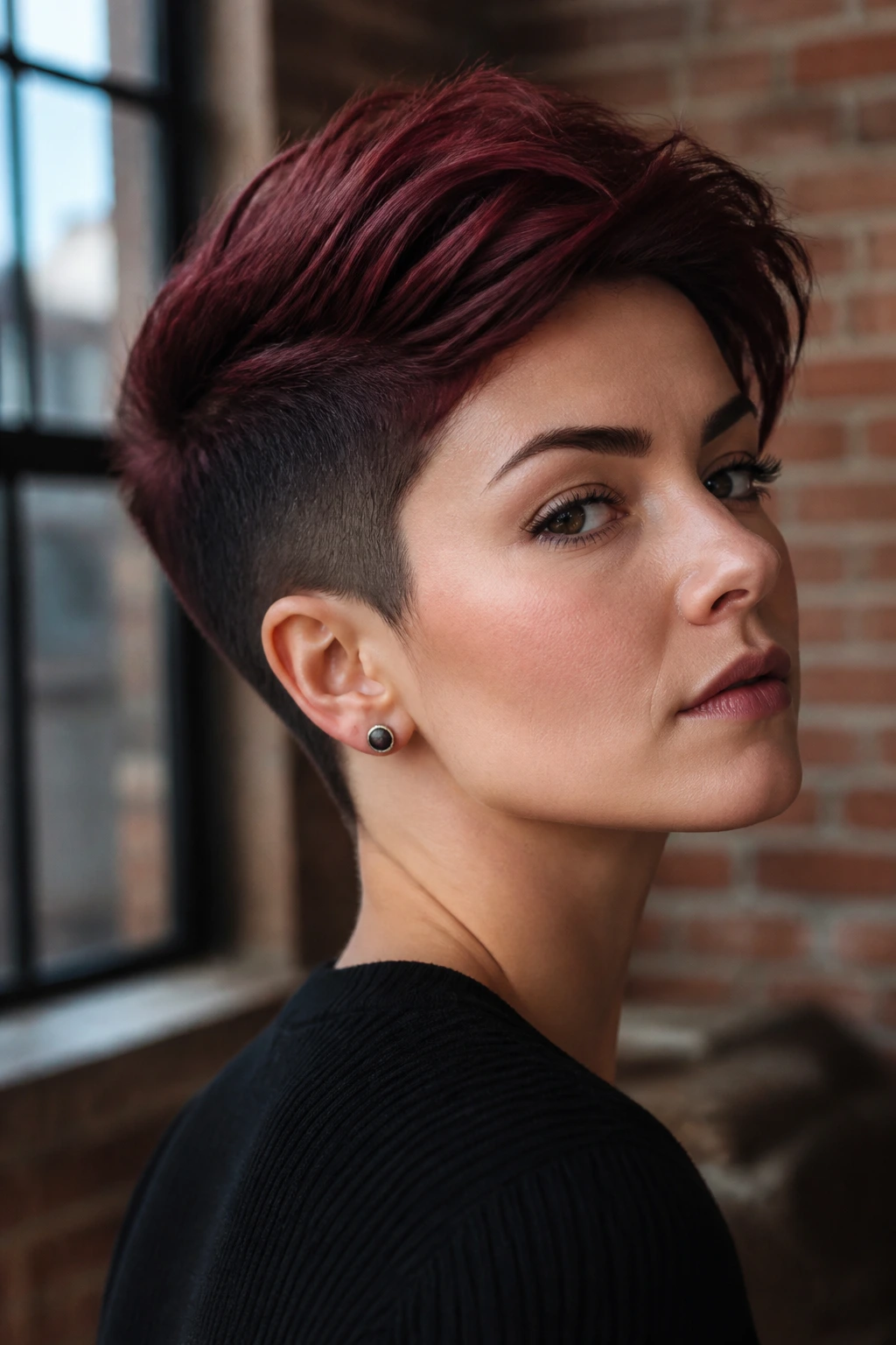 Close-up portrait of a real woman with red velvet undercut in an urban loft
