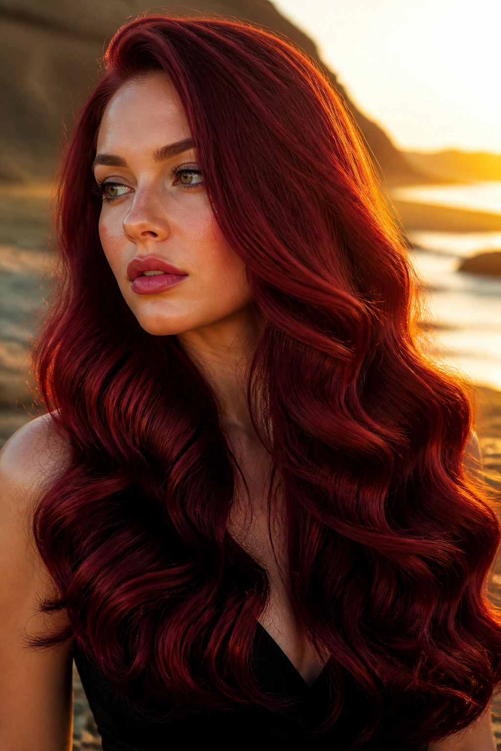 Real person with red velvet mermaid waves hair outdoors at golden hour