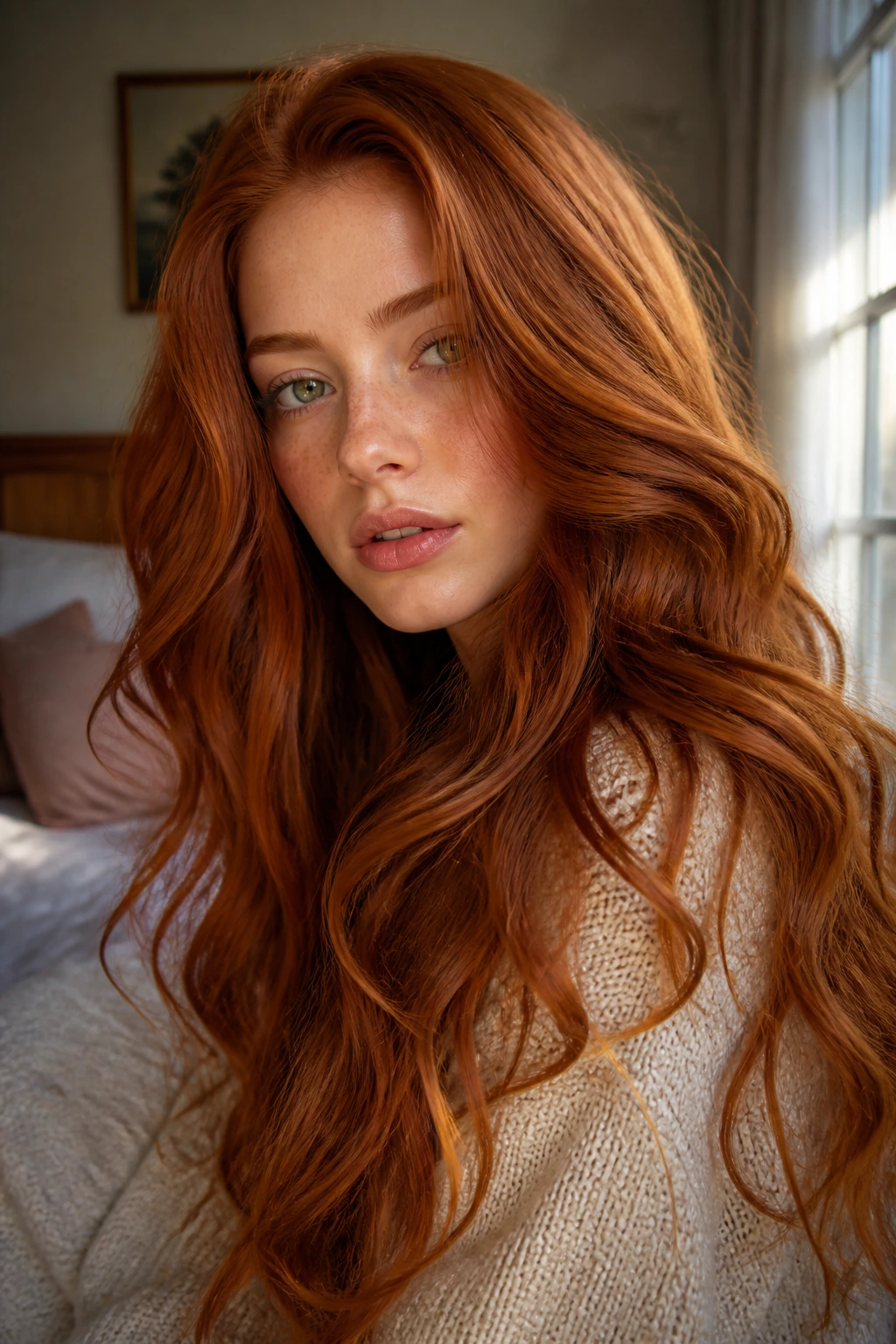 Close-up of a real woman with long red waves lit by natural window light