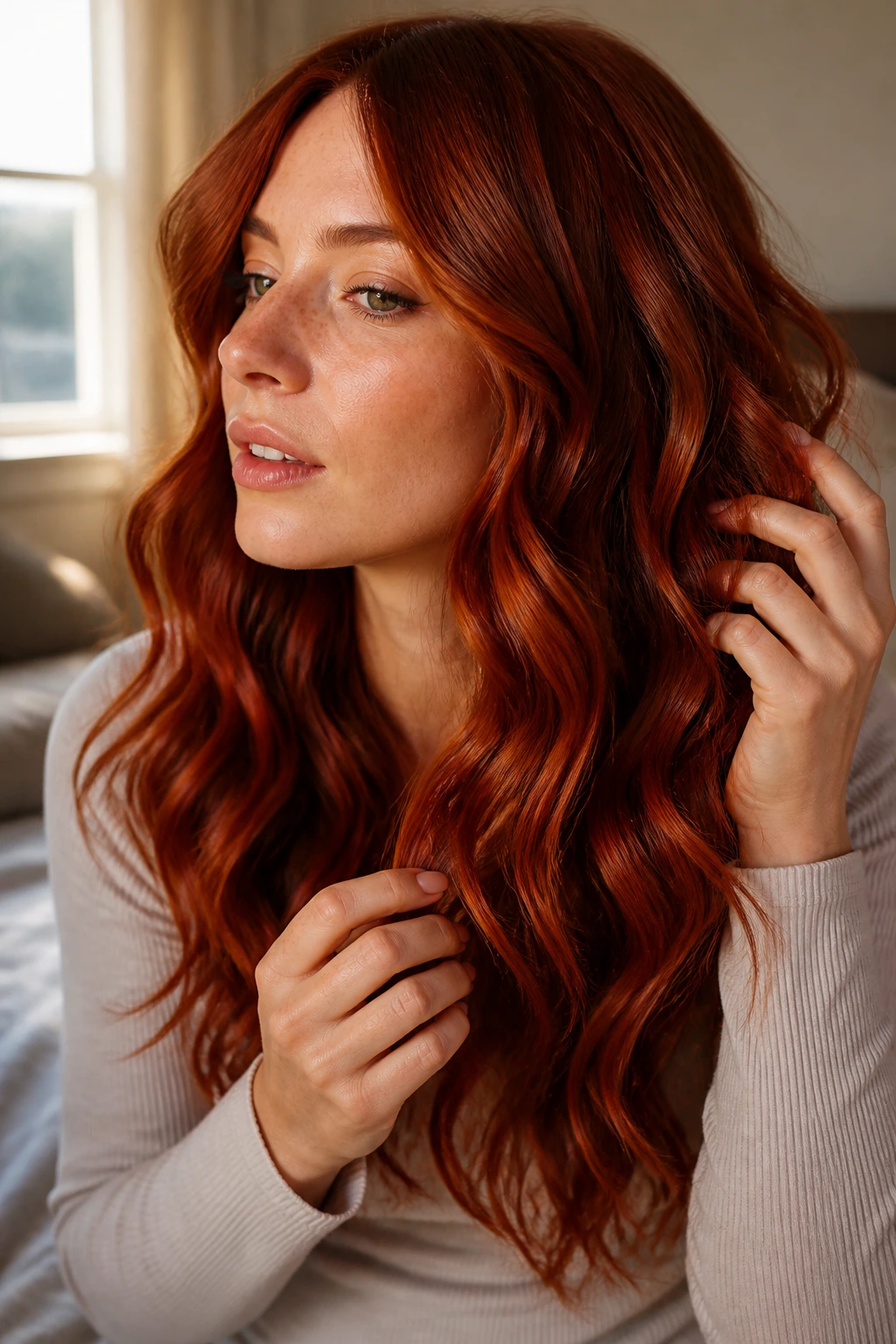 Close-up of a real woman with vivid red waves showing clear shade and texture