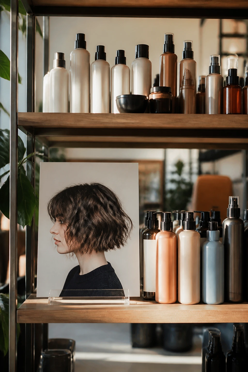 Product shelf with hair products and a photo reference showing wave silhouette.
