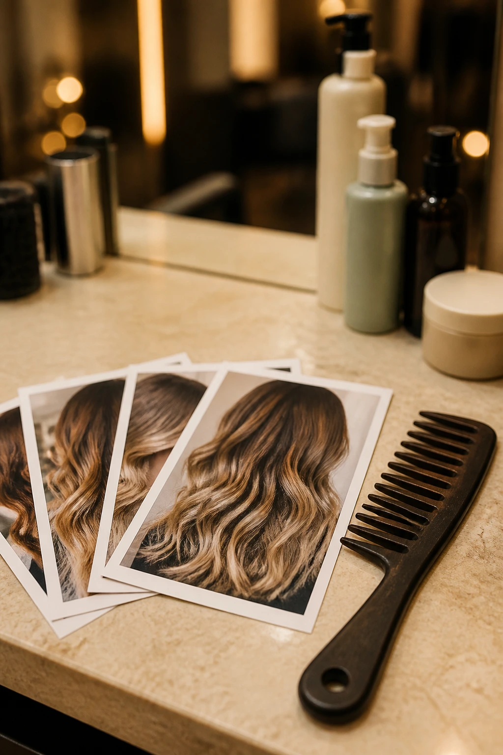Stack of color reference photos with a wide-tooth comb on a salon counter.