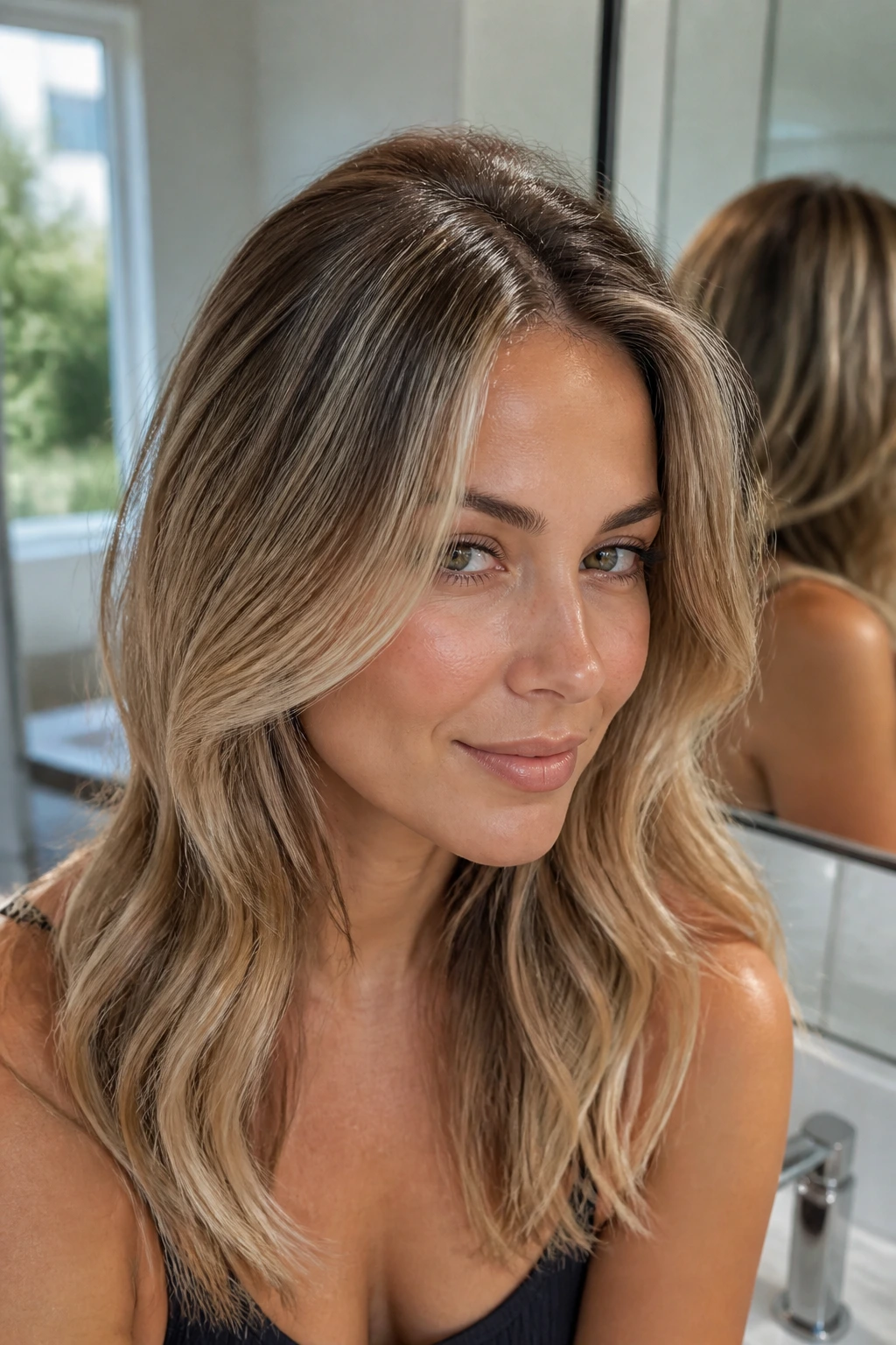 Close-up of a real woman's hair showing subtle root regrowth and glossy ends in a bathroom setting