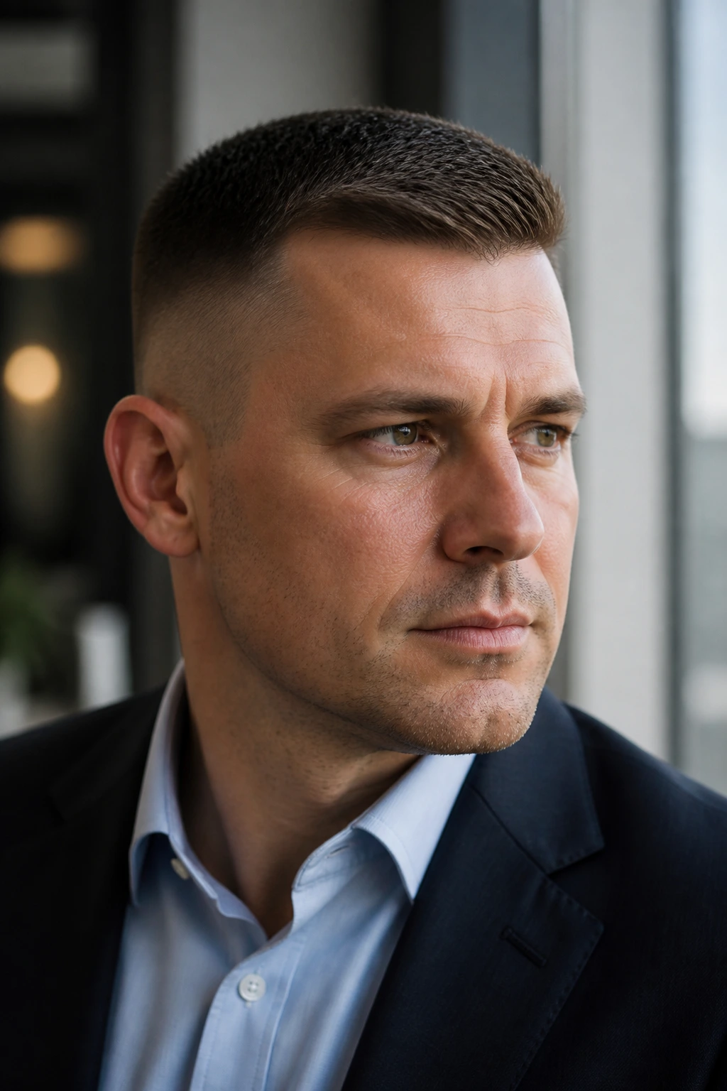 Close-up of a man with a regulation crew cut in an office setting
