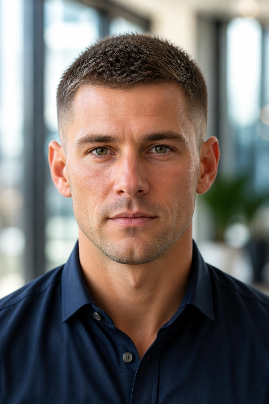 Close-up portrait of a man with a regulation cut