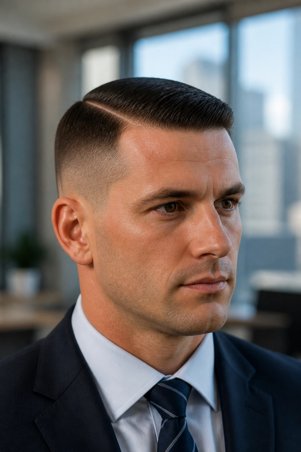 Close-up portrait of a real man with a regulation cut hairstyle in an office
