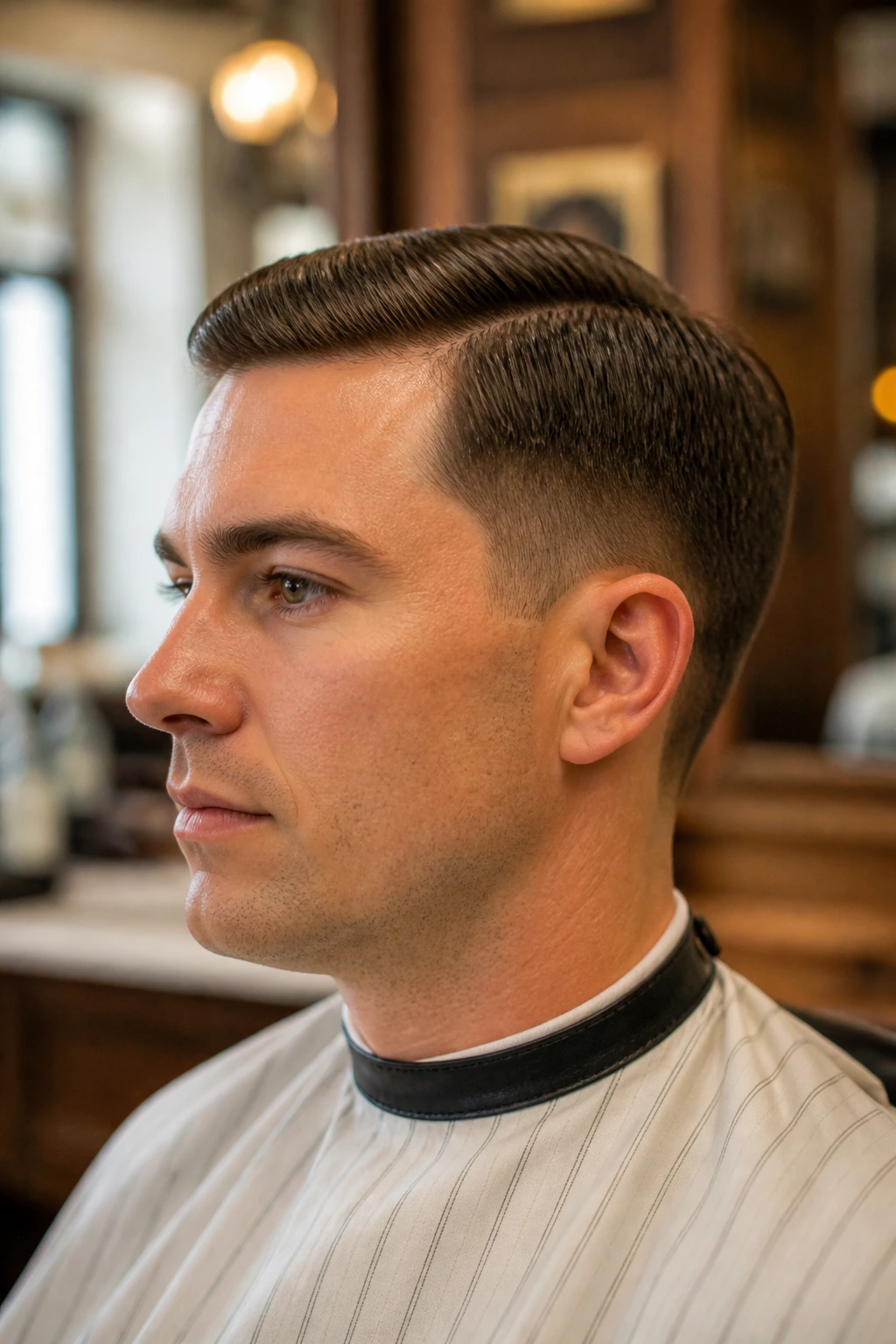 Man with regulation cut and sharp neckline