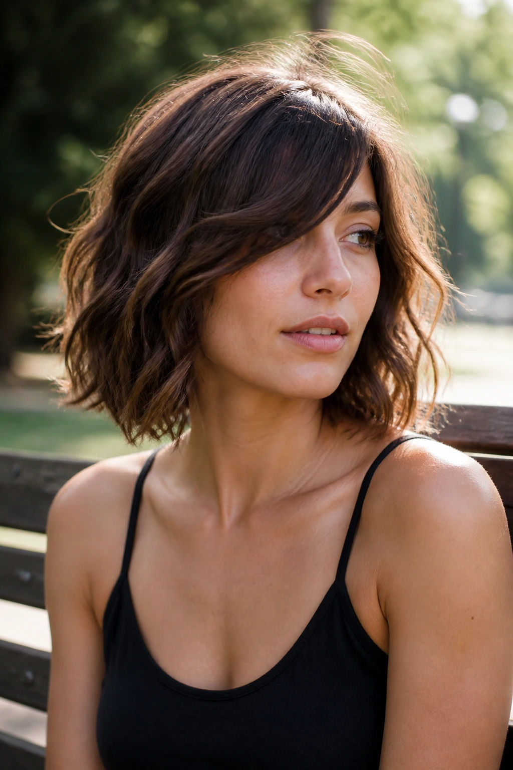 Real woman with relaxed bob and long side fringe on park bench
